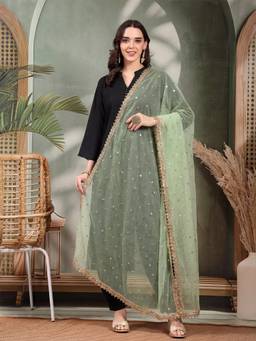 Clora Creation - Pista Green Embellished Gotta Patti Net Dupatta