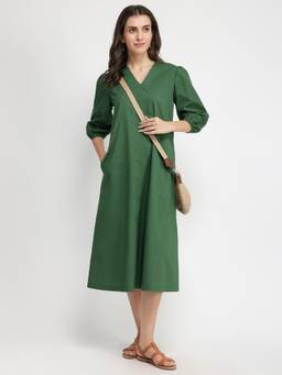 Pink Fort - Green Women Cotton A-Line Dress