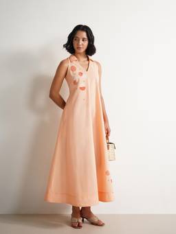 Pink Fort - Peach Printed V-Neck Pure Cotton A-Line Dress