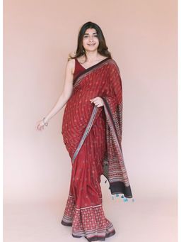 The Indian Ethnic Co. - Red Aztec Ajrakh Hand Block Print Mul Saree with Unstitched Blouse