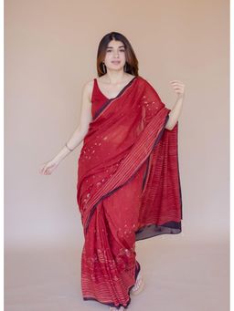 The Indian Ethnic Co. - Red Ajrakh Hand Block Print Mul Saree with Unstitched Blouse