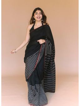 The Indian Ethnic Co. - Black Ajrakh Hand Block Print Linen Saree with Unstitched Blouse