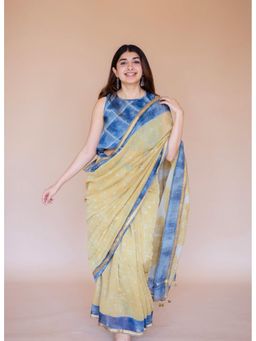 The Indian Ethnic Co. - Yellow Ajrakh Hand Block Print Chanderi Saree with Unstitched Blouse