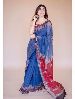 The Indian Ethnic Co. - Blue Print Chanderi Saree with Unstitched Blouse