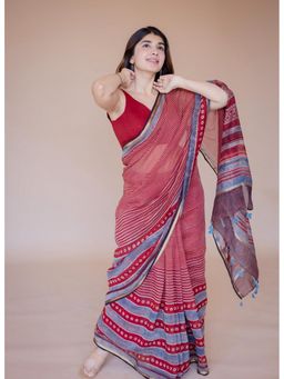 The Indian Ethnic Co. - Red Print Chanderi Saree with Unstitched Blouse