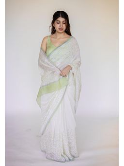 The Indian Ethnic Co. - White Print Chanderi Saree with Unstitched Blouse