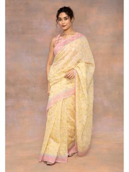 The Indian Ethnic Co. - Yellow Print Chanderi Silk Saree with Unstitched Blouse