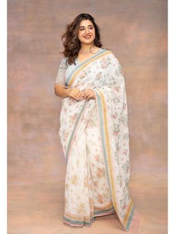 The Indian Ethnic Co. - White Print Chanderi Silk Saree with Unstitched Blouse