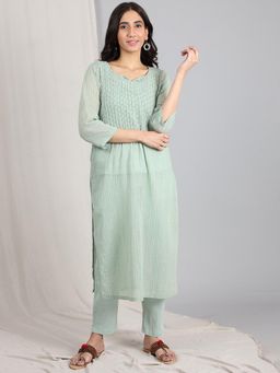 Dharya - Green Embroidered Cotton Lurex Kurta with Pant