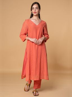 Dharya - Coral Applique Embroidered Cotton Silk Kurta with Pant