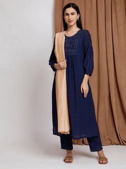 Dharya - Navy Blue Cotton Silk Pleated Kurta with Pant