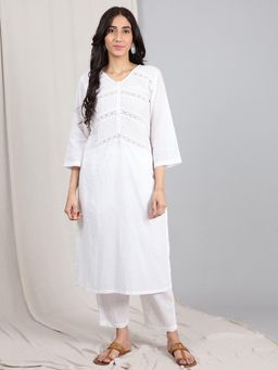 Dharya - White Cotton Dobby Pintuck Kurta with Pant