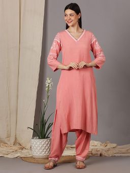 Dharya - Peach Embroidered Viscose Linen Kurta with Salwar
