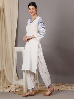 Dharya - White Embroidered Viscose Linen Kurta with Salwar