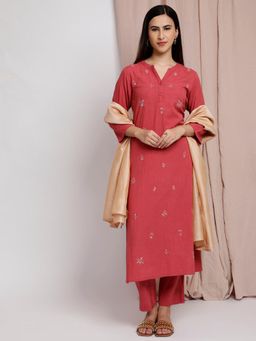 Dharya - Red Cotton Linen All Over Embroidery with Sequin Work Kurta with Pant and Dupatta