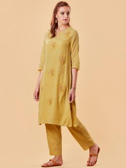 Dharya - Mustard Embroidered Cotton Silk Kurta with Pant