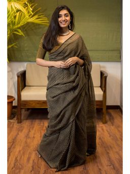 The Indian Ethnic Co. - Ajrakh Natural Dyed Kota Doria Saree with Unstitched Blouse