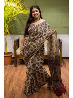 The Indian Ethnic Co. - Ajrakh Natural Dyed Kota Doria Saree with Unstitched Blouse