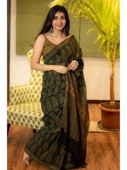 The Indian Ethnic Co. - Ajrakh Natural Dyed Kota Doria Saree with Unstitched Blouse