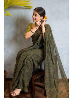 The Indian Ethnic Co. - Ajrakh Natural Dyed Kota Doria Saree with Unstitched Blouse