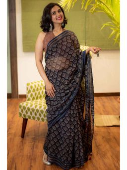 The Indian Ethnic Co. - Ajrakh Natural Dyed Kota Doria Saree with Unstitched Blouse