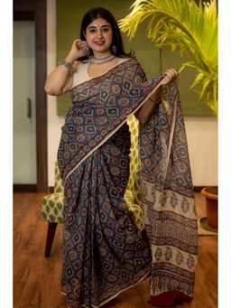 The Indian Ethnic Co. - Ajrakh Natural Dyed Kota Doria Saree with Unstitched Blouse
