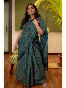 The Indian Ethnic Co. - Ajrakh Natural Dyed Kota Doria Saree with Unstitched Blouse