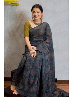 The Indian Ethnic Co. - Ajrakh Natural Dyed Kota Doria Saree with Unstitched Blouse