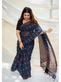 The Indian Ethnic Co. - Ajrakh Natural Dyed Kota Doria Saree with Unstitched Blouse
