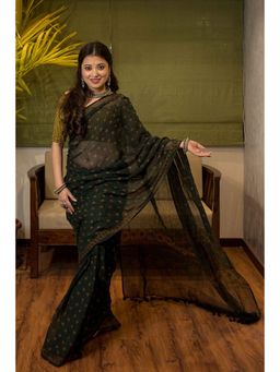 The Indian Ethnic Co. - Ajrakh Natural Dyed Kota Doria Saree with Unstitched Blouse