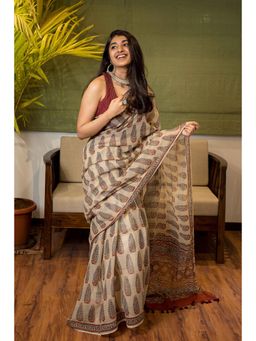 The Indian Ethnic Co. - Ajrakh Natural Dyed Kota Doria Saree with Unstitched Blouse