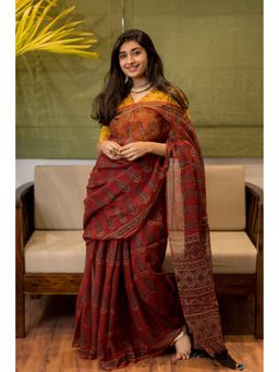 The Indian Ethnic Co. - Ajrakh Natural Dyed Kota Doria Saree with Unstitched Blouse