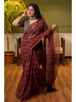The Indian Ethnic Co. - Ajrakh Natural Dyed Kota Doria Saree with Unstitched Blouse