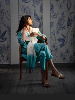 The Hemming Bird - Aqua Teal Cotton Embroidered Kurta With Pant & Dupatta