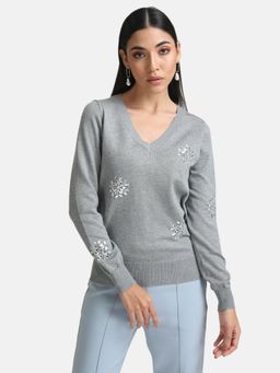Kazo - Grey V Neck Embellished Pullover