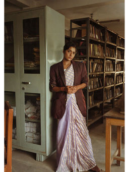 Huts and Looms - Lavender Cotton Mute Gold Zari Stripes Saree without Blouse