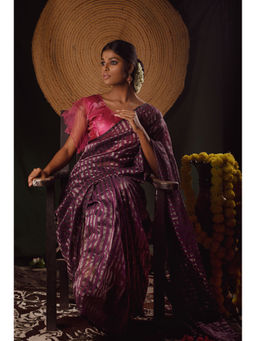 Huts and Looms - Purple Cotton Silver Stripes Saree without Blouse