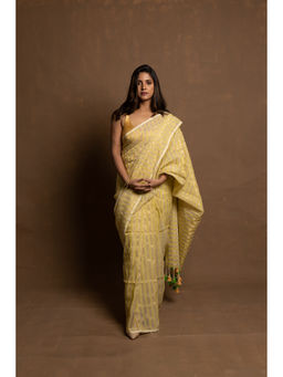 Huts and Looms - Yellow Cotton Mute Gold Zari Stripes Saree without Blouse
