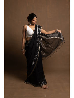 Huts and Looms - Black Jamdani with Silver Motifs Saree without Blouse