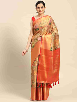 Silk Land - Beige Banarasi Art Silk Heavy Zari Saree with Unstitched Blouse