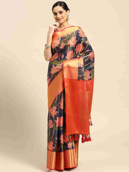 Silk Land - Navy Blue Banarasi Art Silk Heavy Zari Saree with Unstitched Blouse