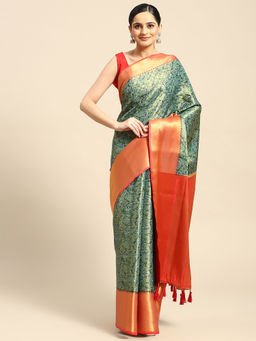 Silk Land - Teal Banarasi Art Silk Heavy Zari Saree with Unstitched Blouse