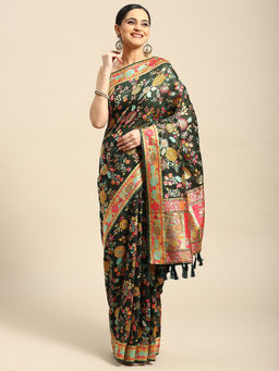 Silk Land - Black Woven Saree with Unstitched Blouse