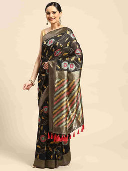 Silk Land - Black Woven Saree with Unstitched Blouse