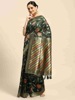 Silk Land - Green Woven Saree with Unstitched Blouse