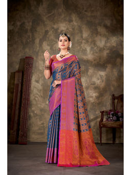 Silk Land - Navy Blue Ethnic Motifs Zari Art Silk Banarasi Saree with Unstitched Blouse