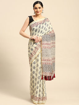 Silk Land - Beige Cotton Block Print Saree with Unstitched Blouse
