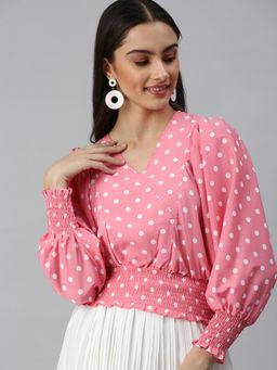 SHOWOFF - Women V-Neck Balloon Sleeve Polka Dots Pink Top