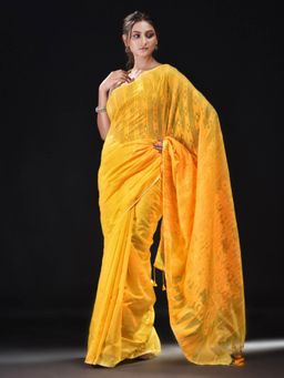 Beatitude - Yellow Cotton Silk Woven Jacquard Jamdani Saree with Unstitched Blouse