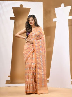 CHARUKRITI - Peach Cotton Blend Handloom Woven Saree with Unstitched Blouse